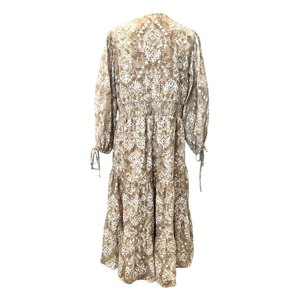 Cupio Boho Smocked Ikat Midi Dress Tiered Flowy V Neck Brown Tan XL NWT - Picture 6 of 16